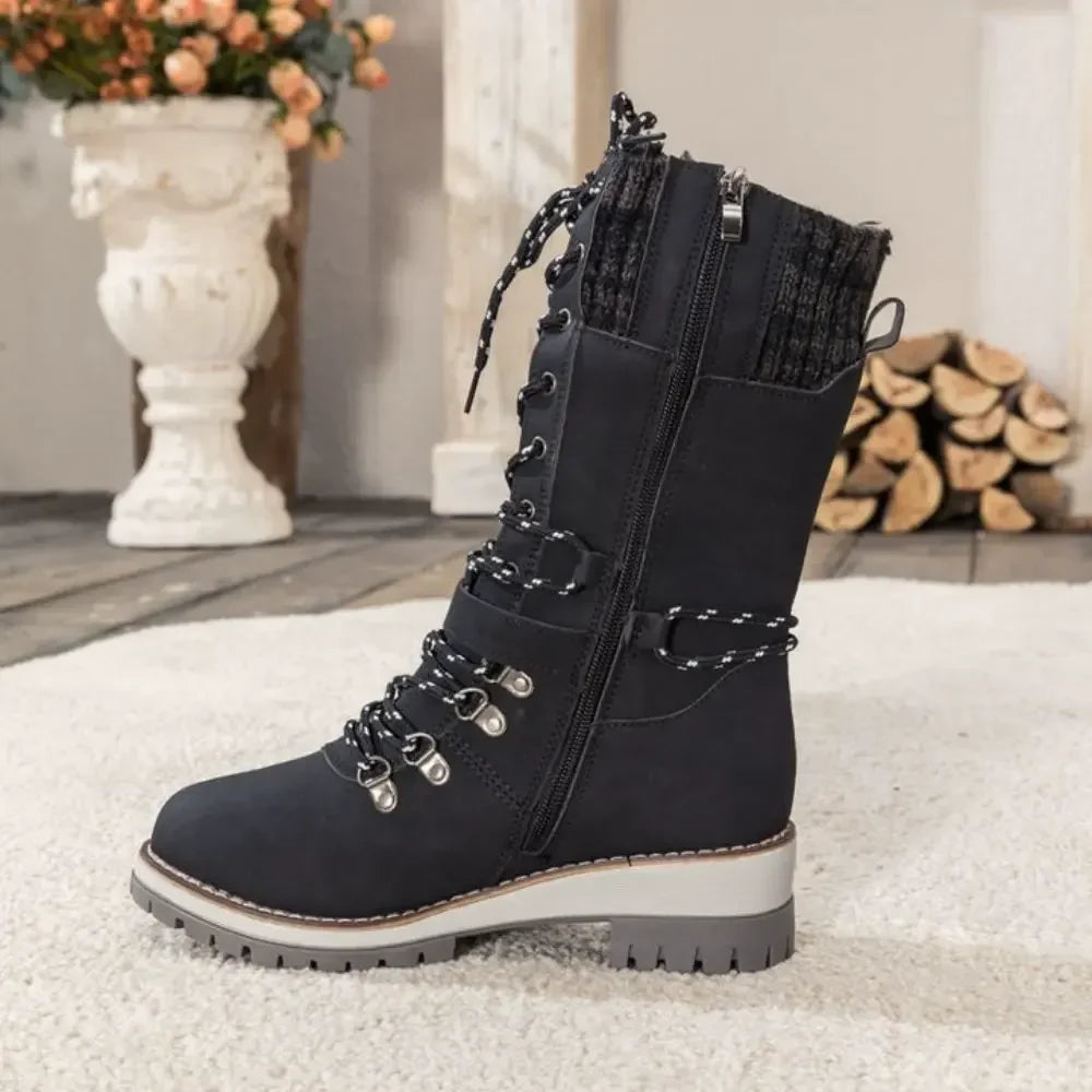 Women's Lace-Up Winter Boots with Knitted Cuff in Black, Grey, Brown | Chunky Anti-Slip Sole for Snow and Ice | Warm Lined Ankle Boots with Buckle Detail | Koossa