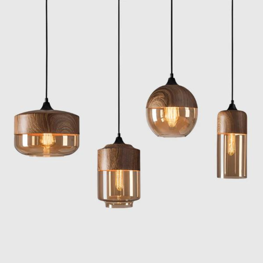 Suspension en Verre Teinté et Métal Effet Bois – Éclairage Ambiance Scandinave Douce pour Salon et Salle à Manger | Koossa