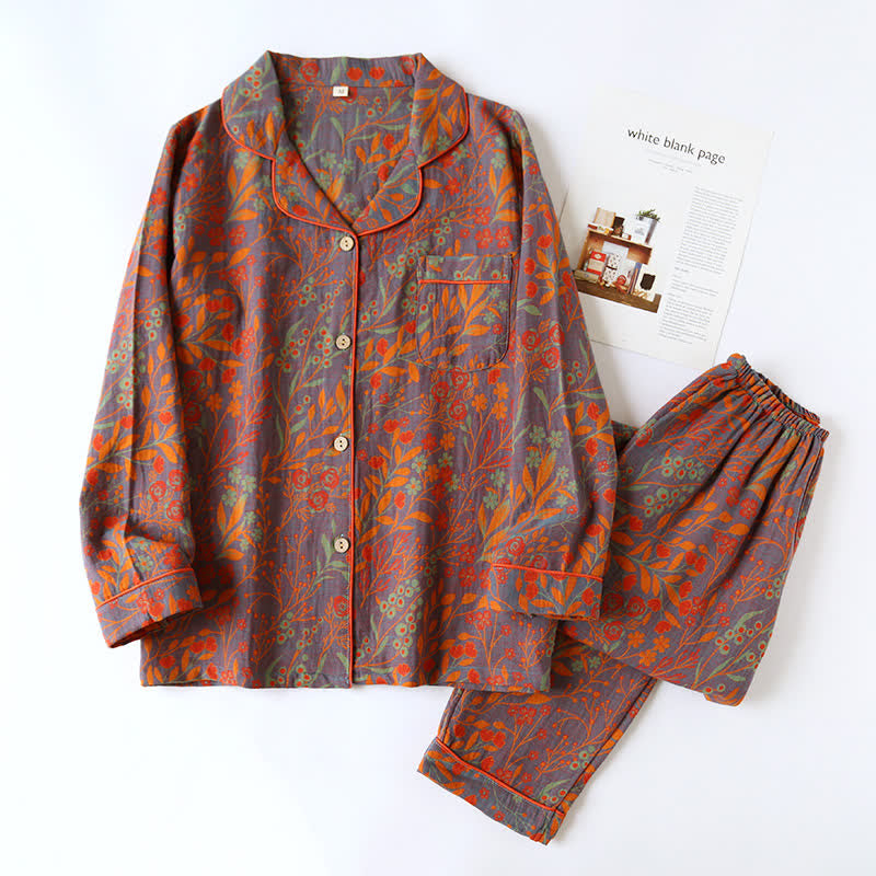Women's Cotton Pajama Set with Button-Down Top & Pants, Leaf Jacquard Print, Two-Piece Loungewear, Sleepwear Set for Home | Lonoma