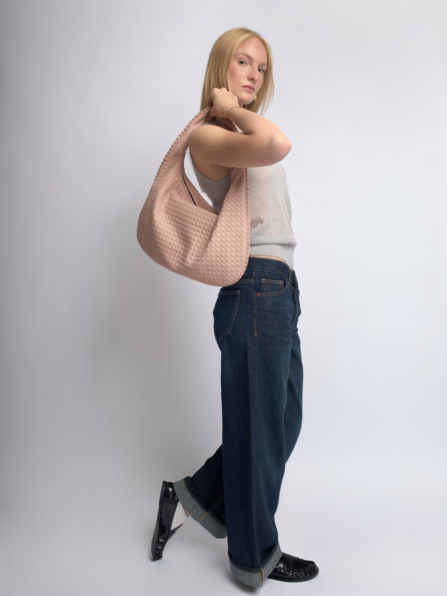 Woven Leather Hobo Bag with Soft Structure in Black, Wine Red, Sage Green & More | Koossa
