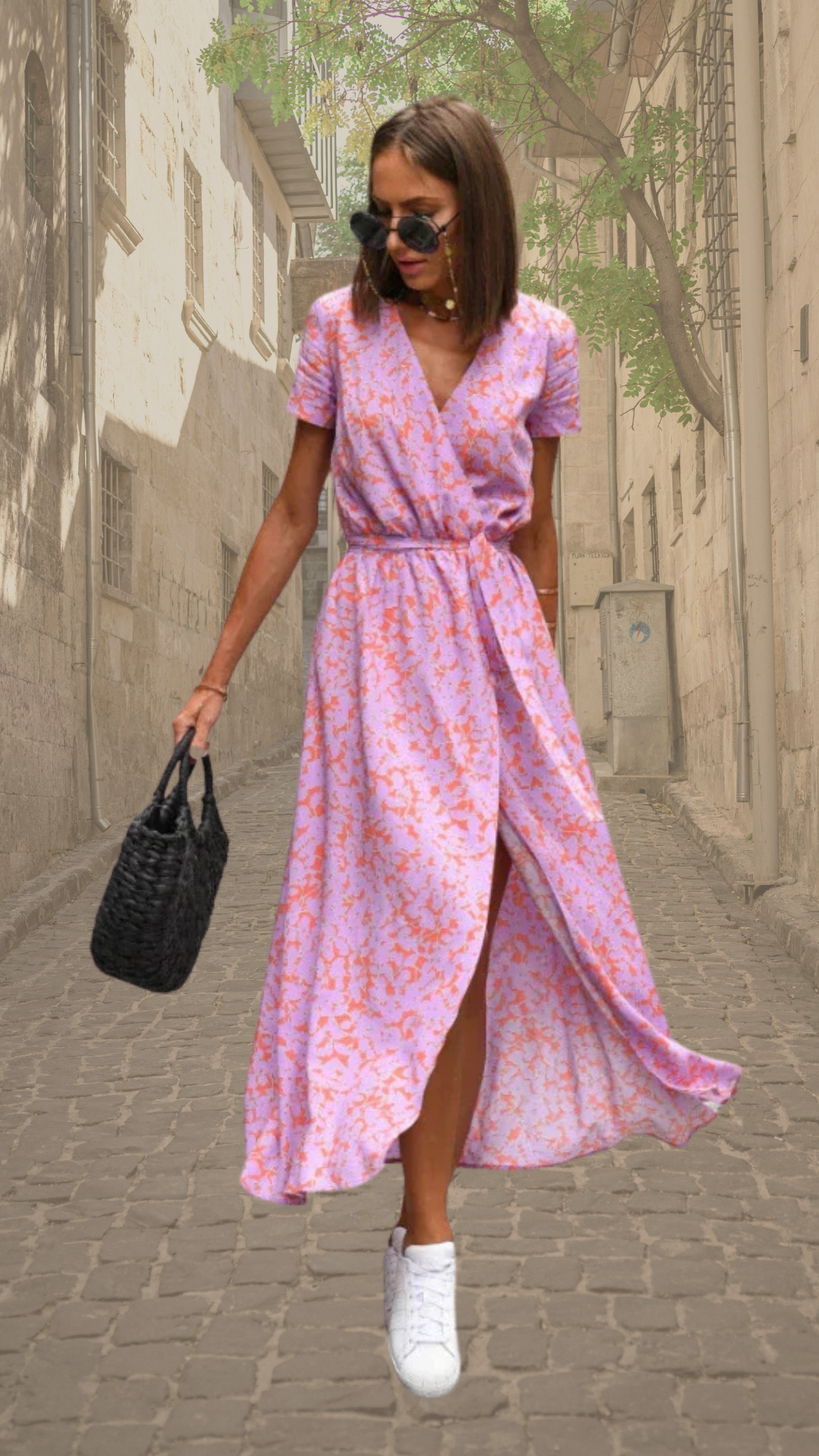 Women's Floral Wrap Maxi Dress in Pink and Green — Elegant Summer Dress for Garden Parties & Special Occasions | Koossa