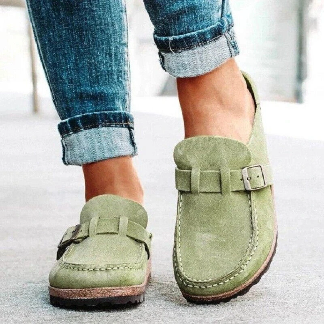 Women's Leather Buckle Loafers Low Heel Slip-On Shoes Black Khaki Green Office Smart Casual Footwear | Koossa