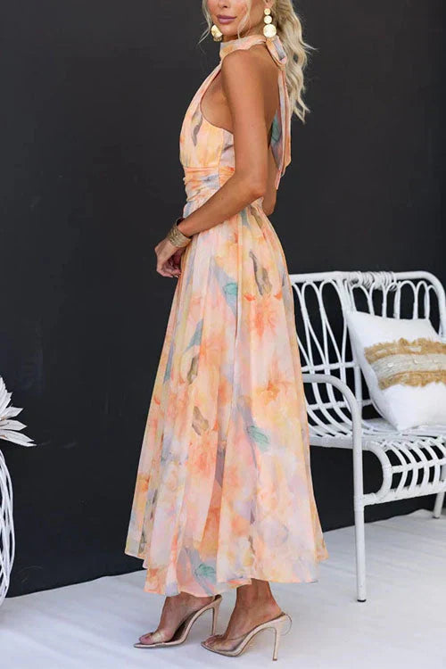 Halter Neck Floral Midi Dress in Pleated Chiffon for Special Occasions | Koossa