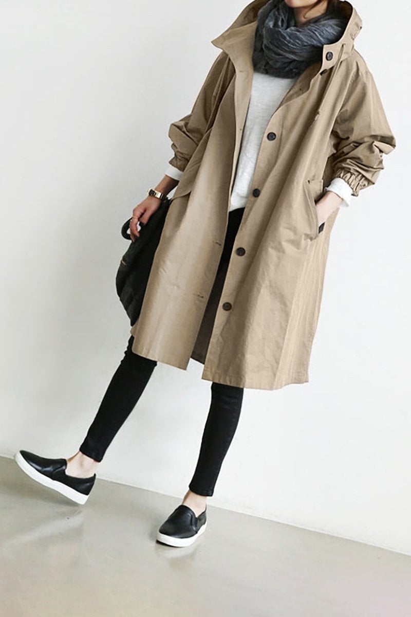 Women's Mid-Length Hooded Jacket — Relaxed Fit Button-Front Coat for Everyday & Transitional Weather | Koossa