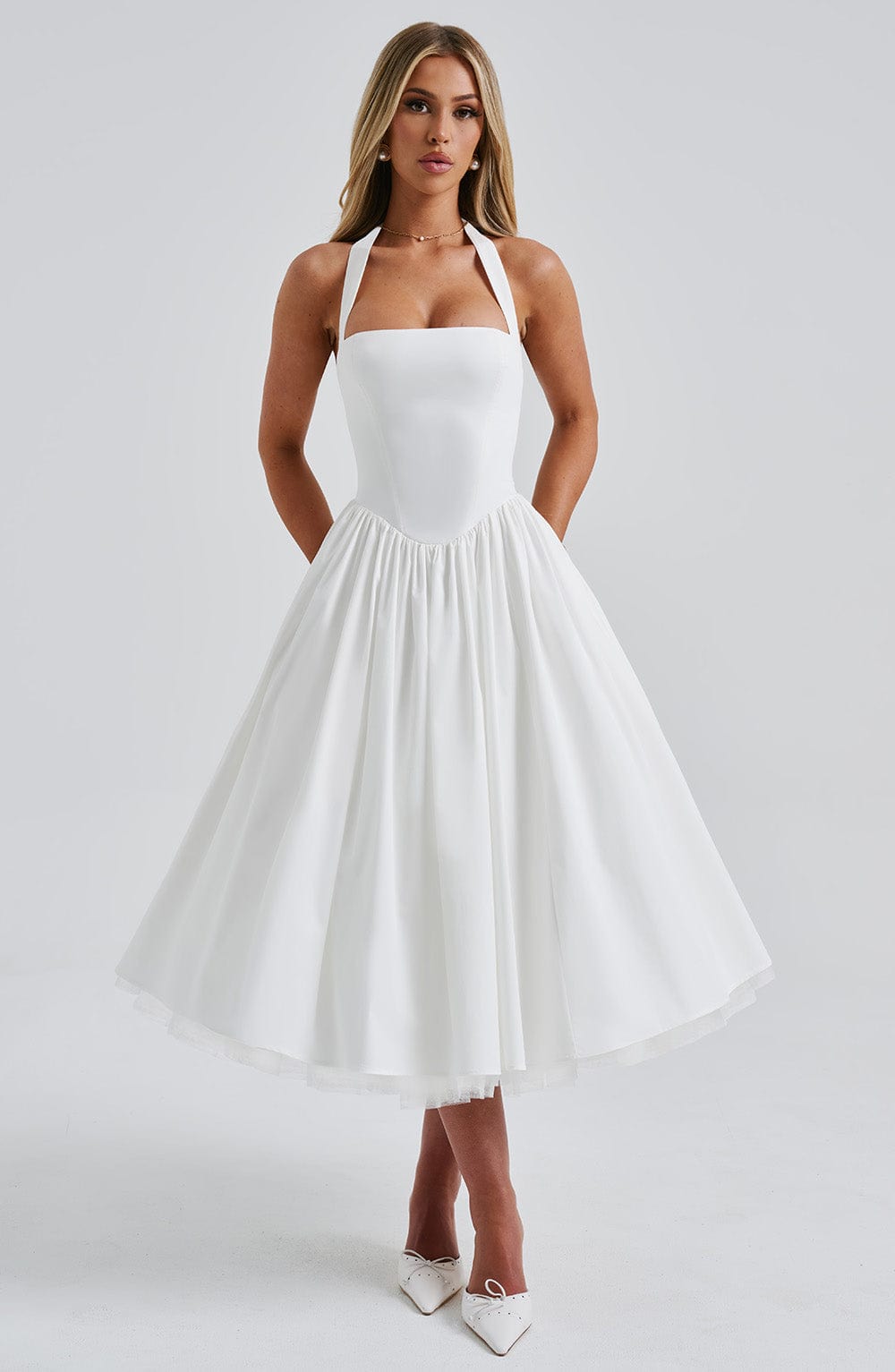Women's Halter Neck Midi Dress in White and Black – Wedding Guest and Summer Garden Party Occasion Dress | Koossa