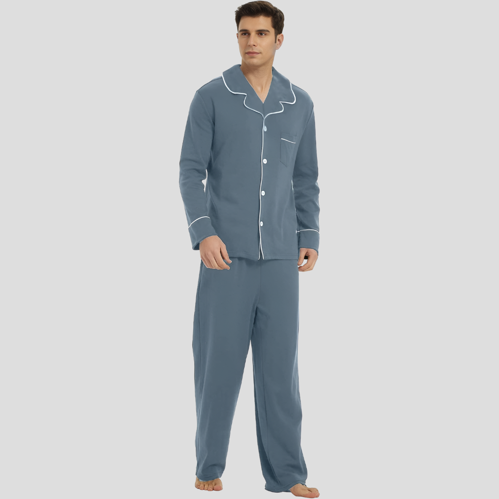 Men's Classic Long-Sleeved Cotton Pyjama Set in Timeless Colours | Traditional Button-Front Nightwear for Year-Round Comfort | Koossa