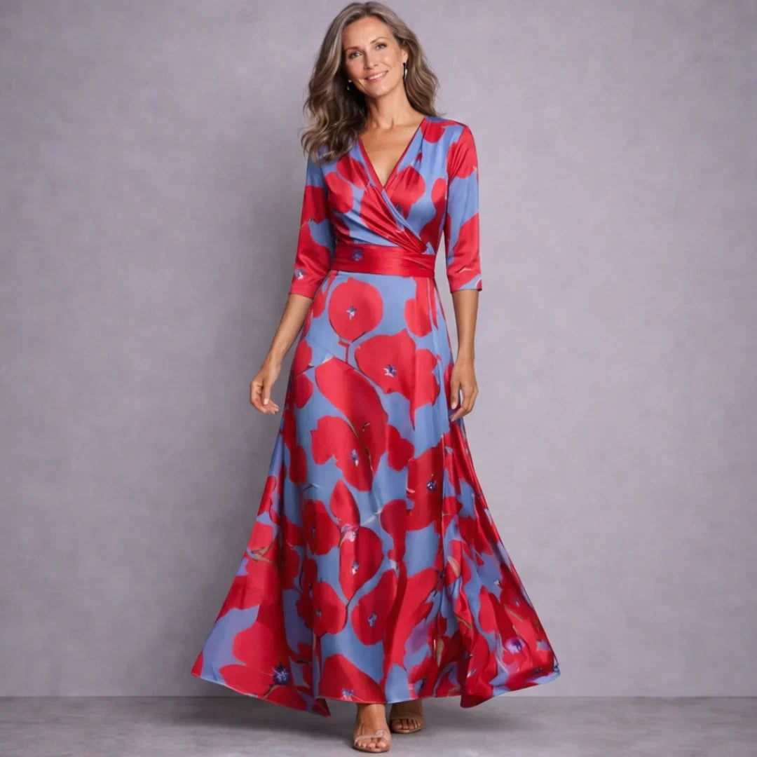 Women's Floral Print Maxi Dress with Mid-Length Sleeves – Elegant Flowing Dress for Weddings, Dinners, and Smart Occasions | Koossa