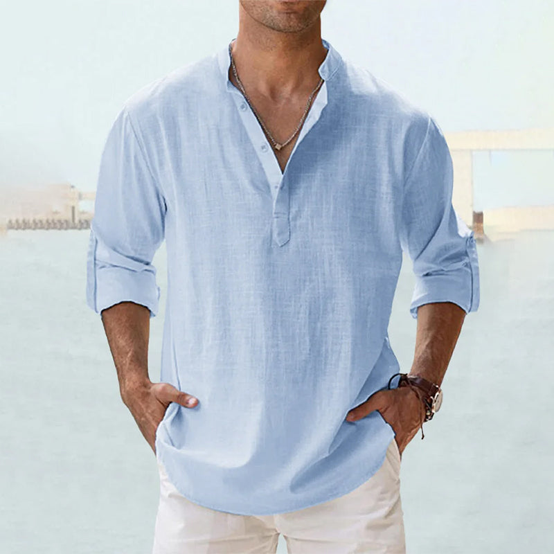 Men's Long Sleeve Grandad Collar Shirt in Washed Cotton | Classic Henley Button Placket Casual Relaxed Fit Heritage Style Timeless Weekend Shirt | Koossa
