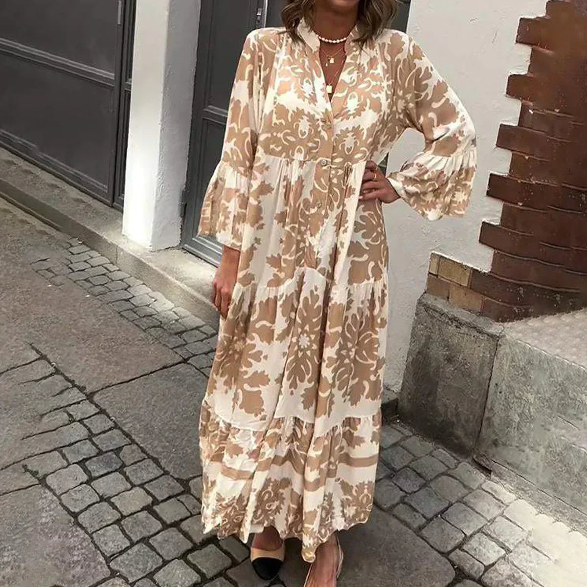Women's Bohemian Printed Midi Dress with Long Sleeves in Flowing Viscose | Elegant Spring Summer Occasion Wear | Koossa
