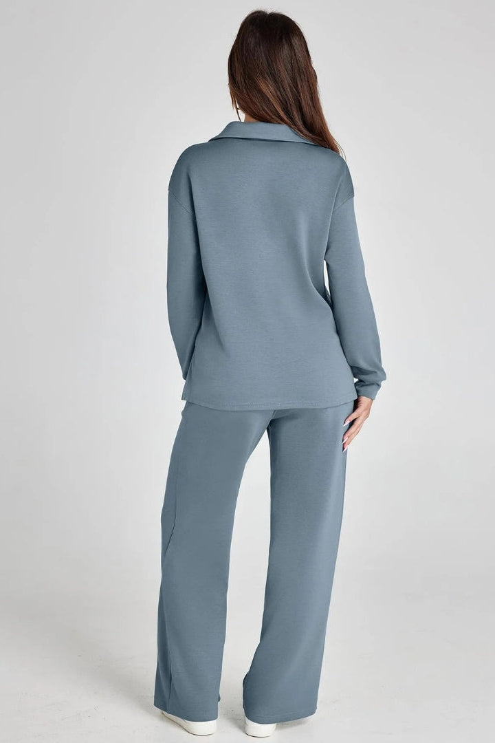 Women's Two-Piece Lounge Set V-Neck Collared Top Wide-Leg Trousers Drawstring Waist Relaxed Fit Comfortable Loungewear Casual Weekend Wear Timeless Minimalist Style | Koossa