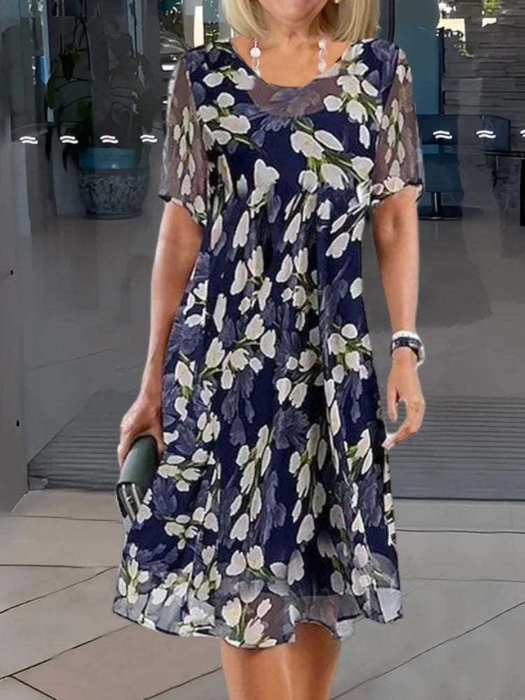 Women's Floral Midi Dress with Floaty Sleeves — Elegant Knee-Length Day Dress for Spring & Summer Occasions | Koossa