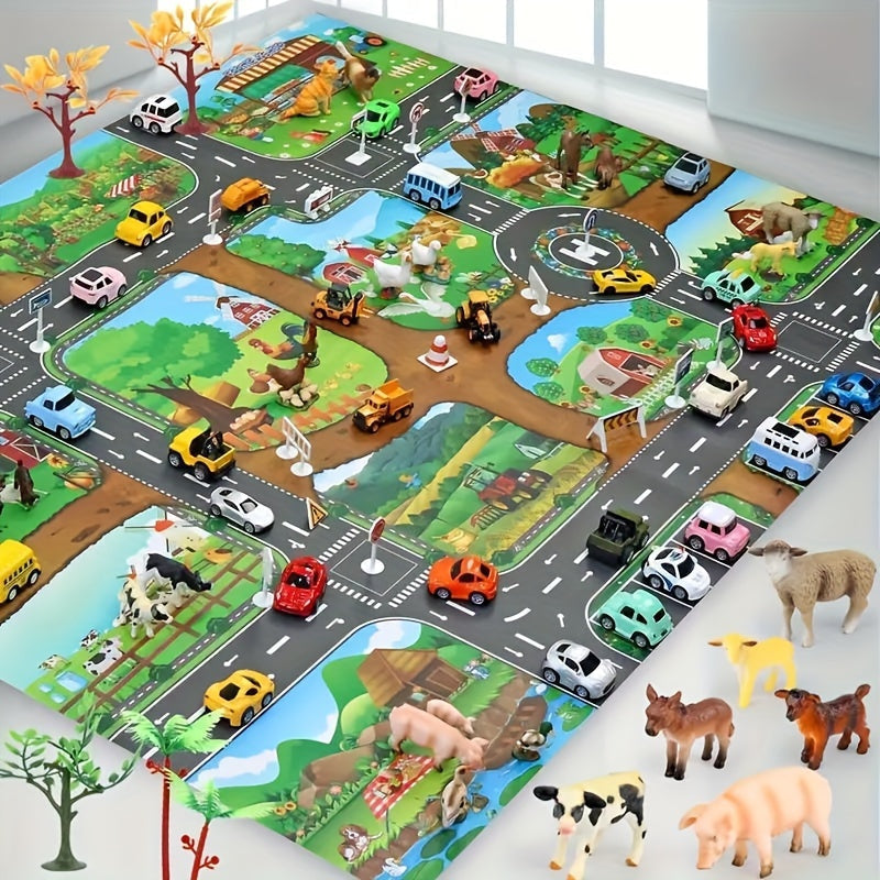 Tapis d'éveil enfant 100×130 cm circuit campagne antidérapant jeu véhicules figurines imagination motricité | Koossa