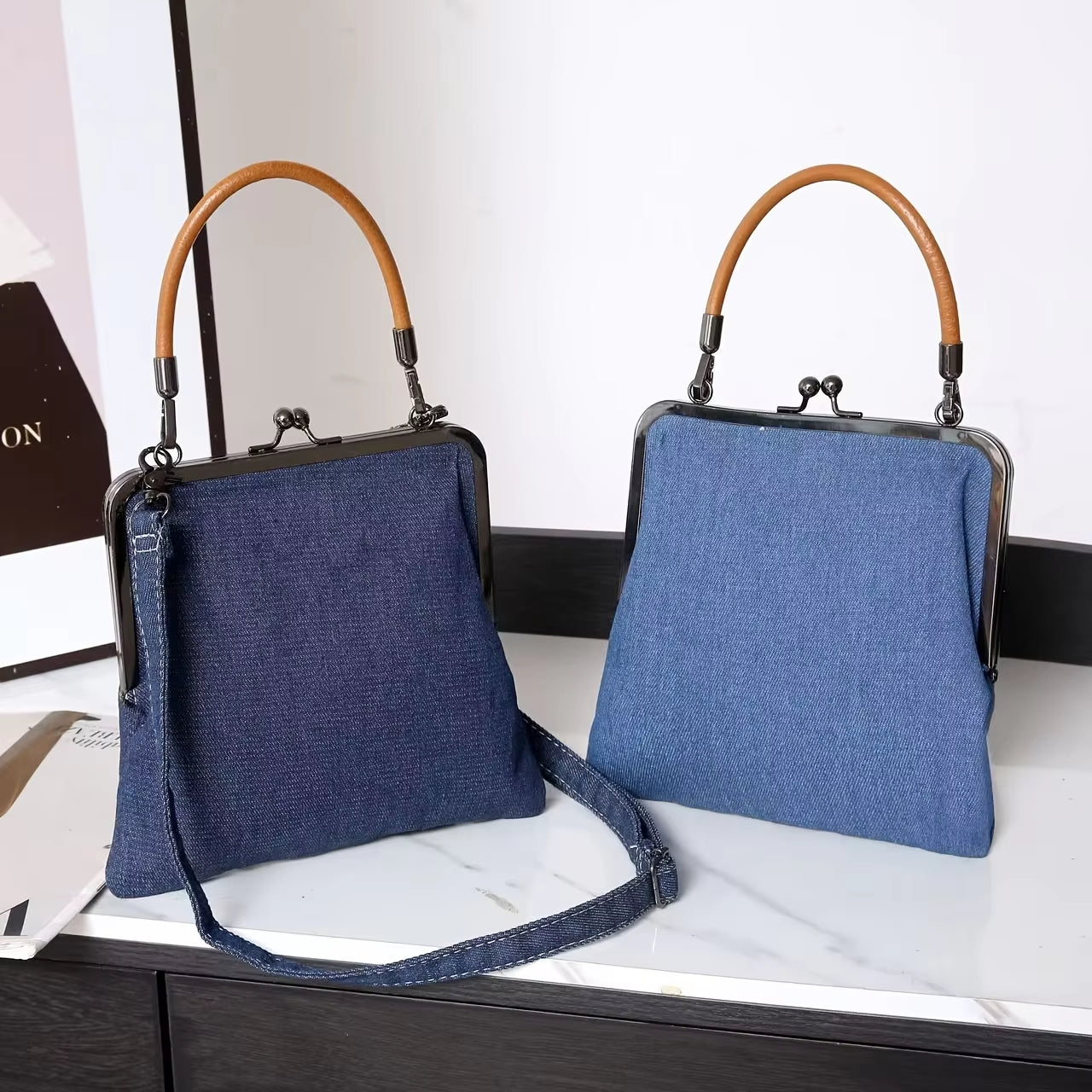 Structured Denim Frame Handbag with Cowhide Leather Handle in Indigo and Light Wash | Koossa