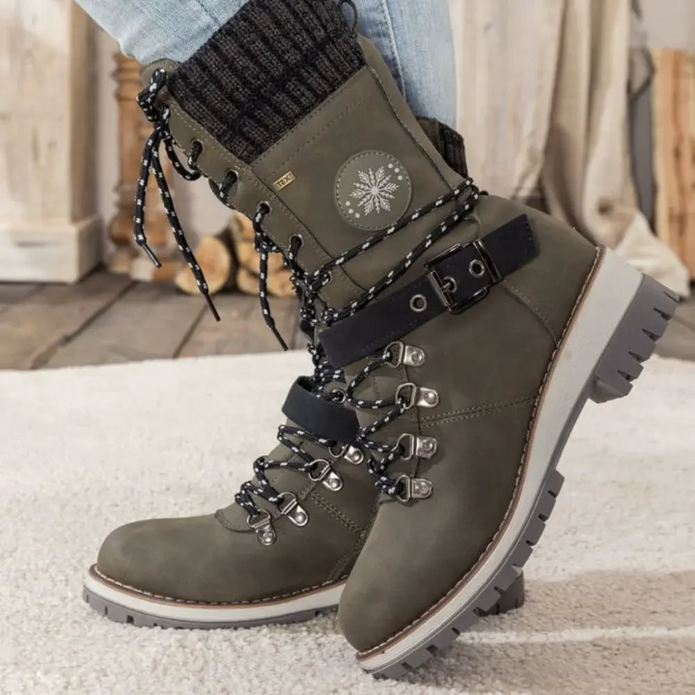 Women's Lace-Up Winter Boots with Knitted Cuff in Black, Grey, Brown | Chunky Anti-Slip Sole for Snow and Ice | Warm Lined Ankle Boots with Buckle Detail | Koossa