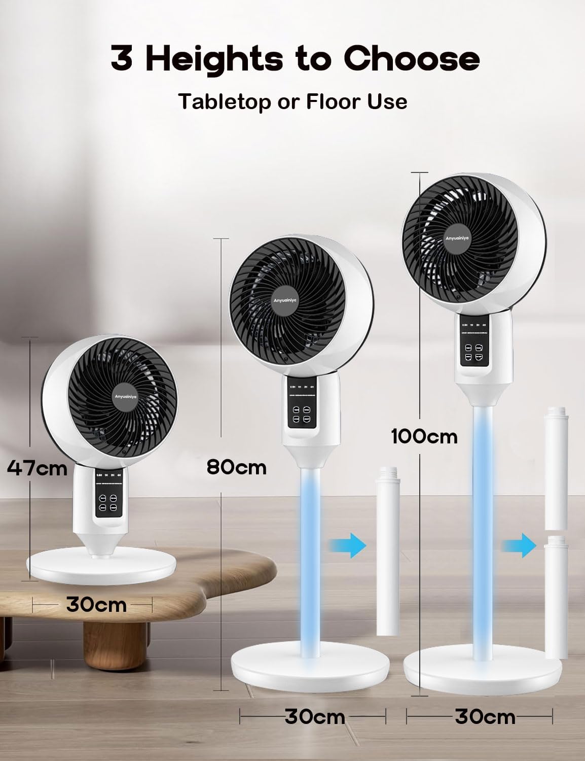 Ventilateur sur pied silencieux oscillation 3D télécommande hauteur réglable 3 vitesses timer climatisation | Koossa