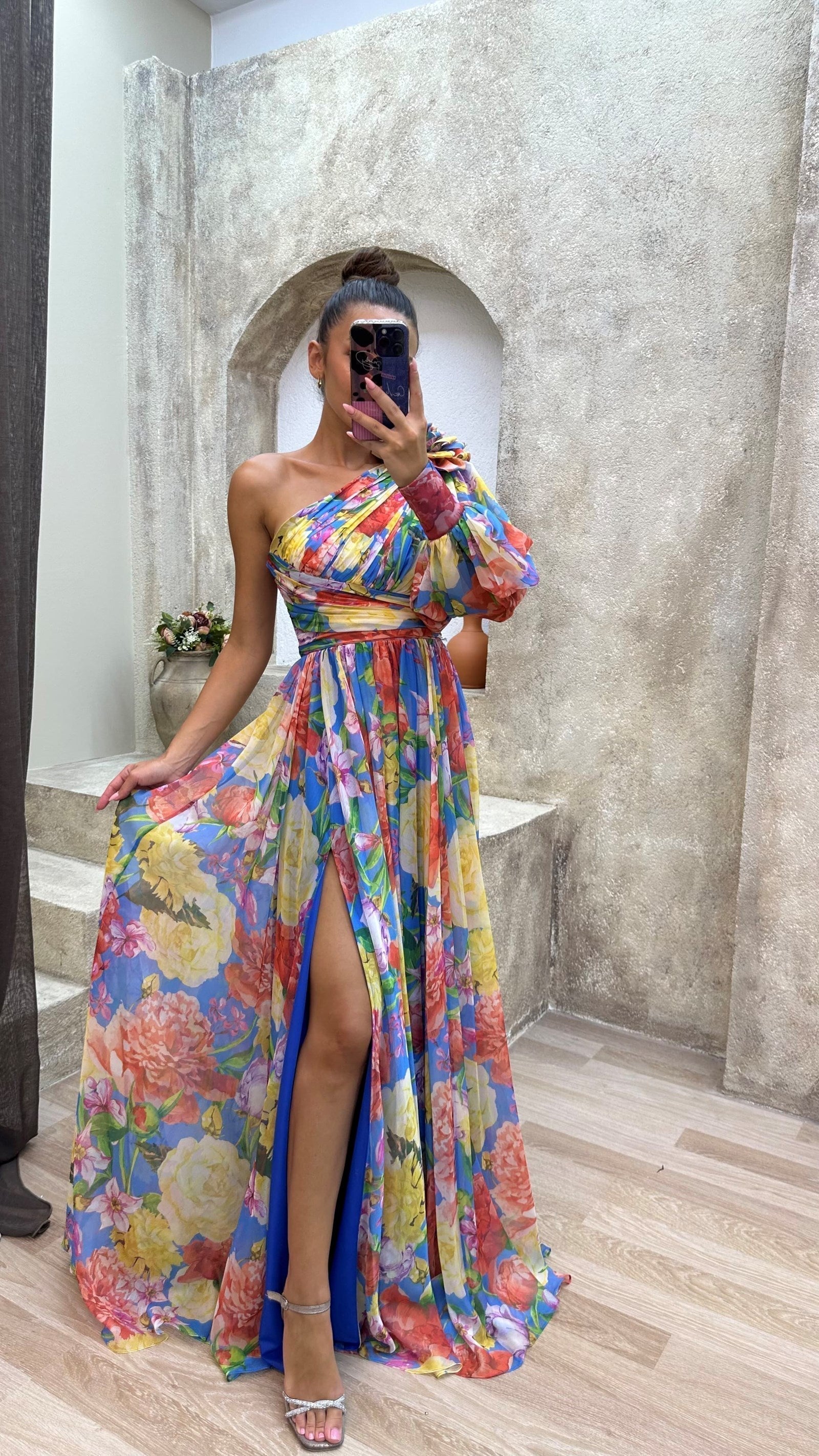 Asymmetric One-Shoulder Maxi Dress with Pleated Skirt in Floral Print for Special Occasions and Evening Events | Koossa
