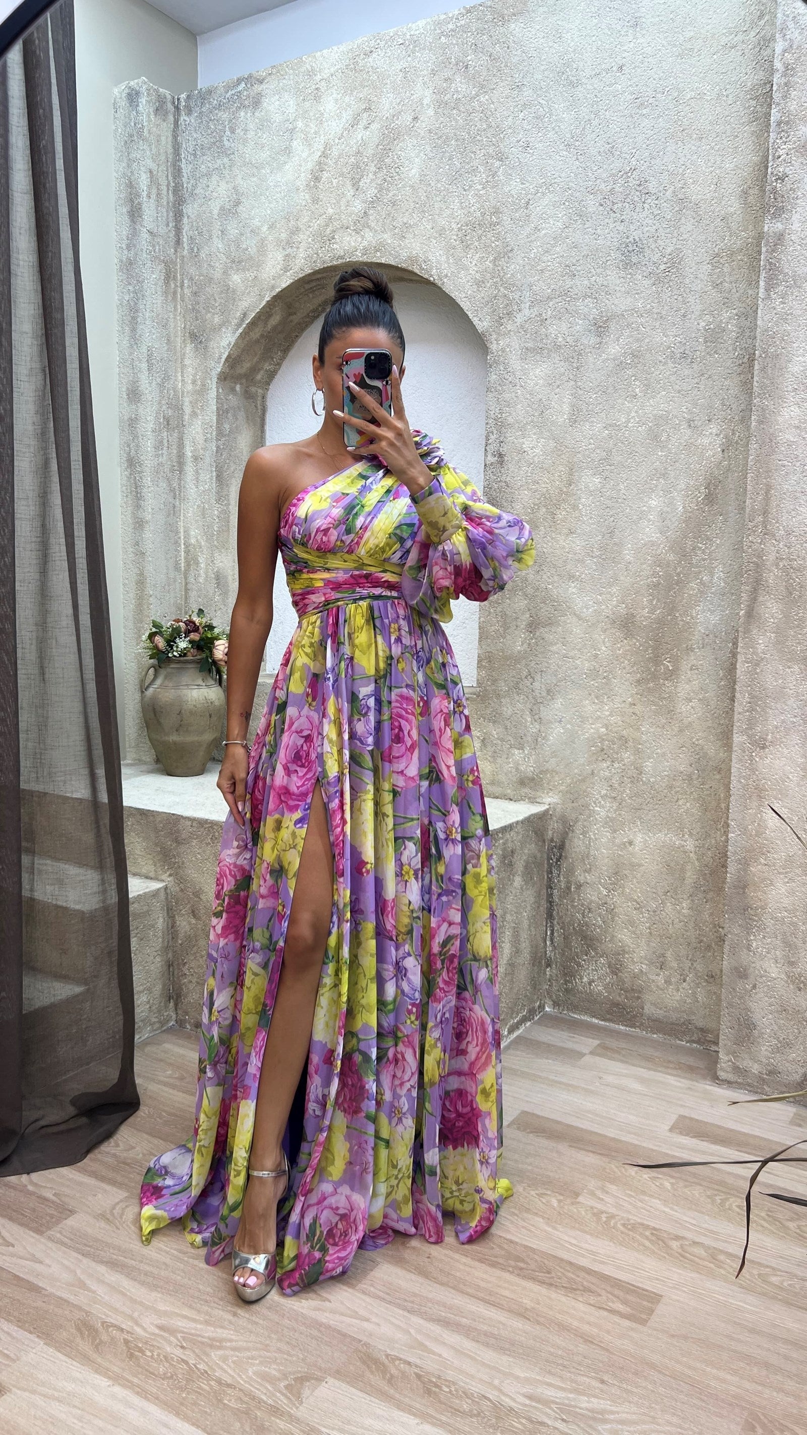 Asymmetric One-Shoulder Maxi Dress with Pleated Skirt in Floral Print for Special Occasions and Evening Events | Koossa
