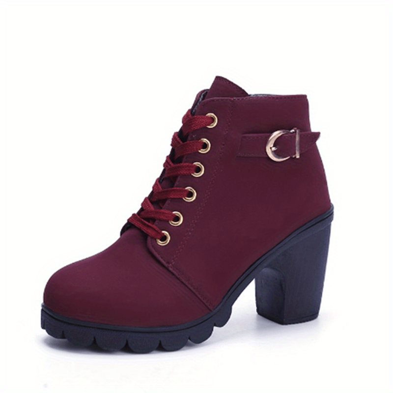 Lace-Up Ankle Boots with Block Heel in Dark Green, Black & Burgundy – Versatile Leather-Look Boots with Side Zip | Koossa