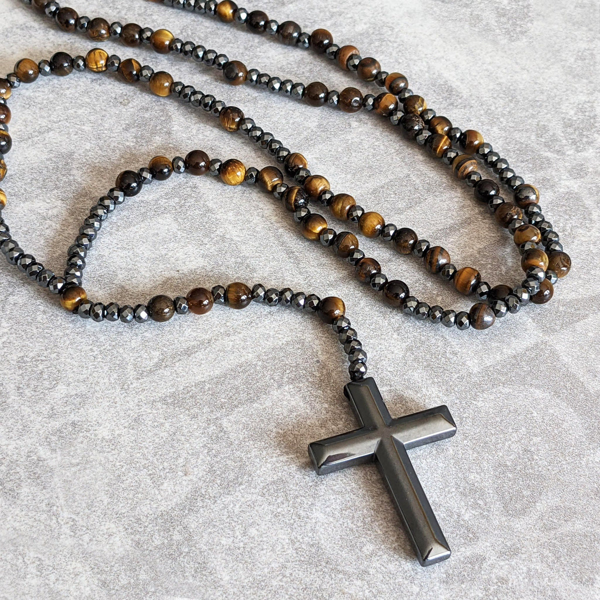 Natural Stone Rosary Necklace with Cross Pendant for Men – Tiger Eye, Lapis Lazuli, Jasper – Adjustable Length Beaded Chain | Lonoma