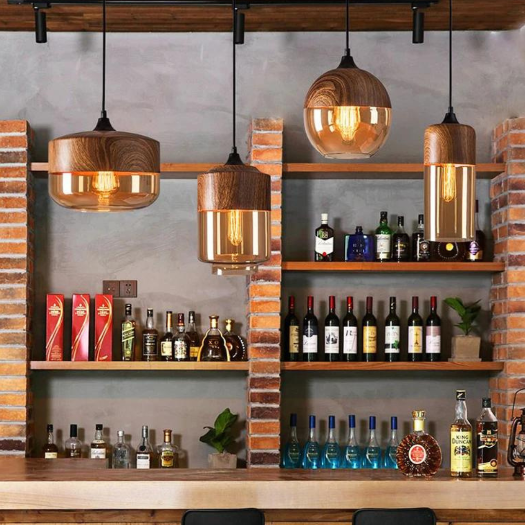 Suspension en Verre Teinté et Métal Effet Bois – Éclairage Ambiance Scandinave Douce pour Salon et Salle à Manger | Koossa