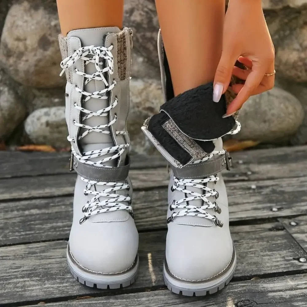 Women's Lace-Up Winter Boots with Knitted Cuff in Black, Grey, Brown | Chunky Anti-Slip Sole for Snow and Ice | Warm Lined Ankle Boots with Buckle Detail | Koossa