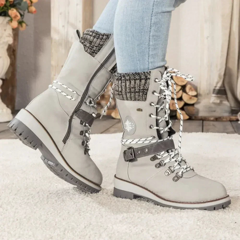 Women's Lace-Up Winter Boots with Knitted Cuff in Black, Grey, Brown | Chunky Anti-Slip Sole for Snow and Ice | Warm Lined Ankle Boots with Buckle Detail | Koossa