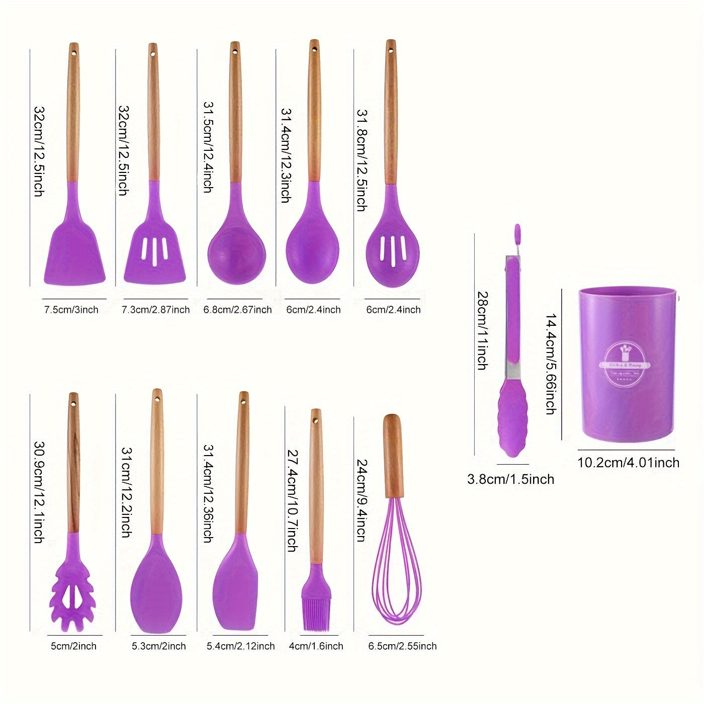 Set de 12 Ustensiles de Cuisine en Silicone avec Manches en Bois Naturel pour Cuisson Douce et Soignée | Koossa