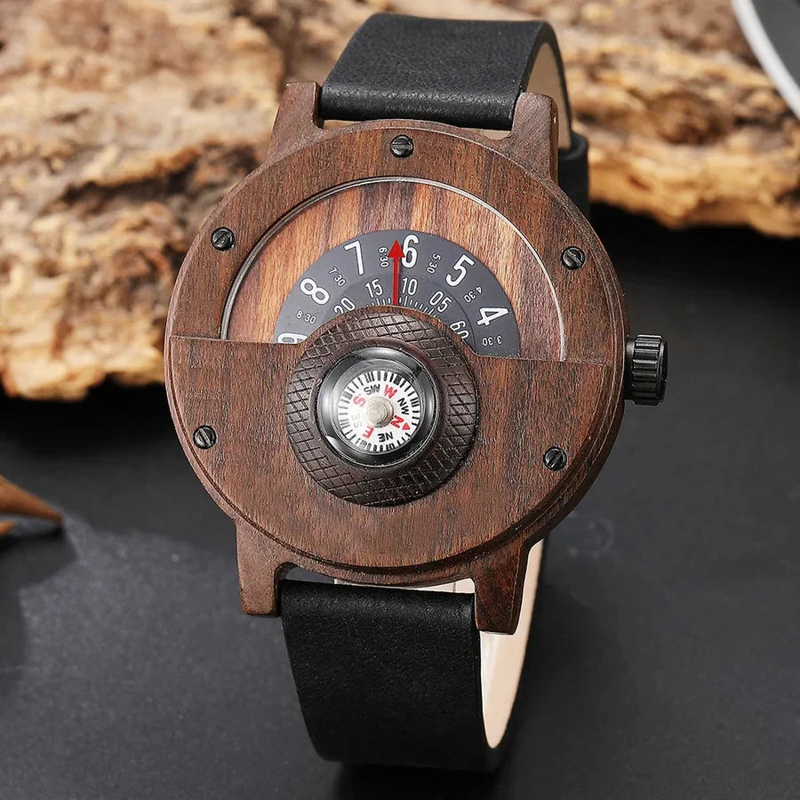 Men's Wooden Watch with Leather Strap — Classic Timepiece with Compass for Everyday Elegance | Koossa