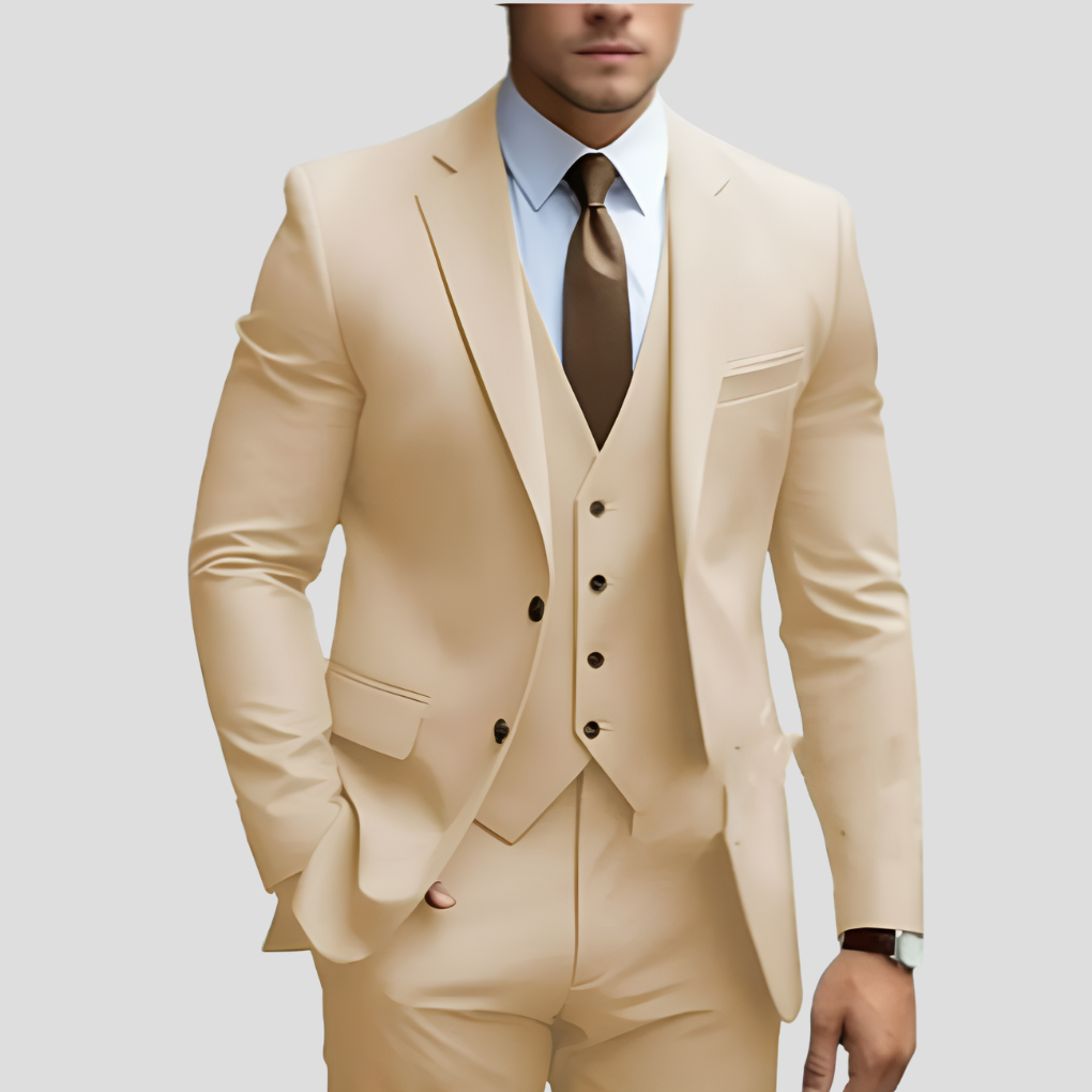 Men's Beige Three-Piece Slim Fit Suit — Formal Wedding Suit for Grooms & Groomsmen | Koossa