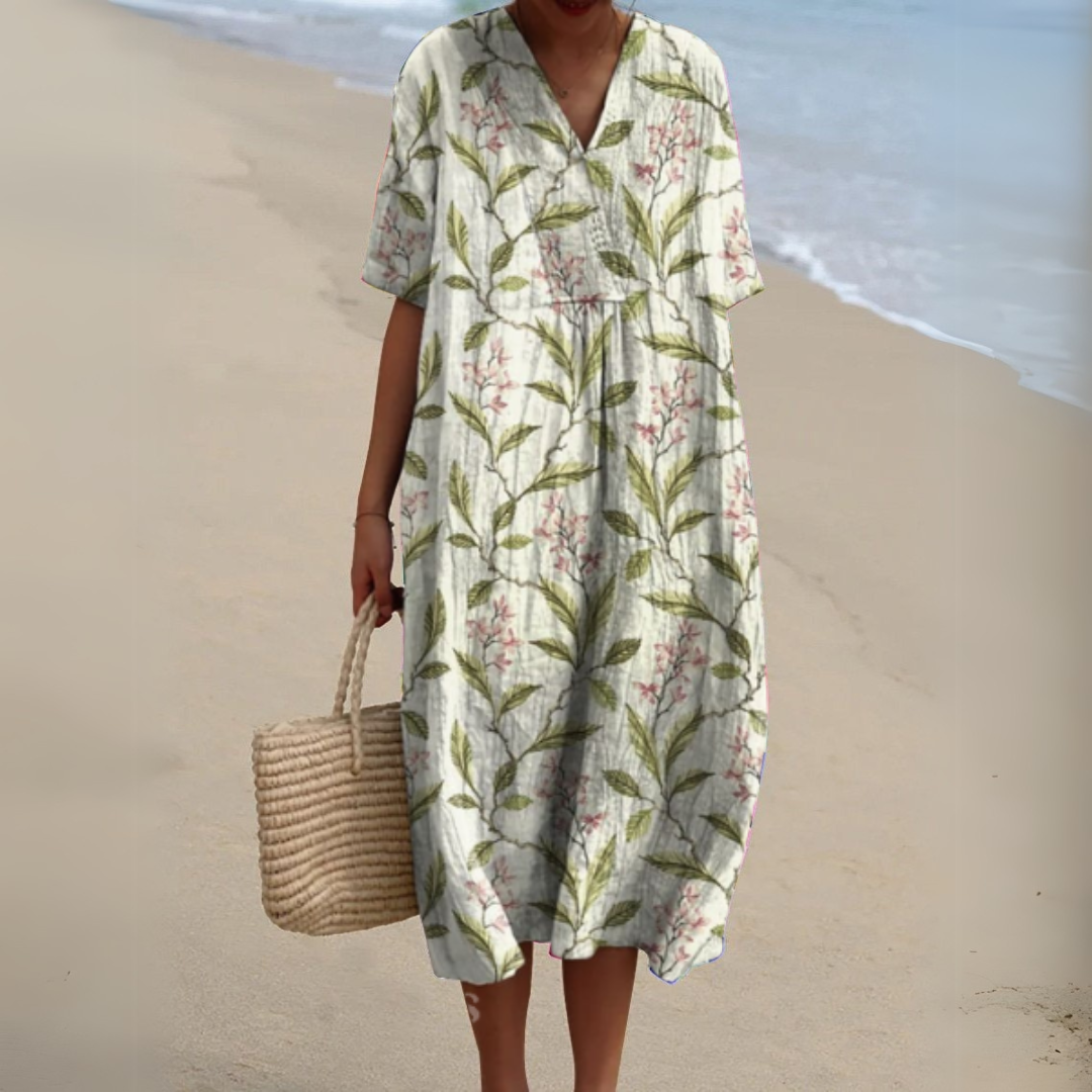 Floaty V-Neck Cotton Linen Dress in Vibrant Prints for Summer Occasions Garden Parties Warm Days | Koossa