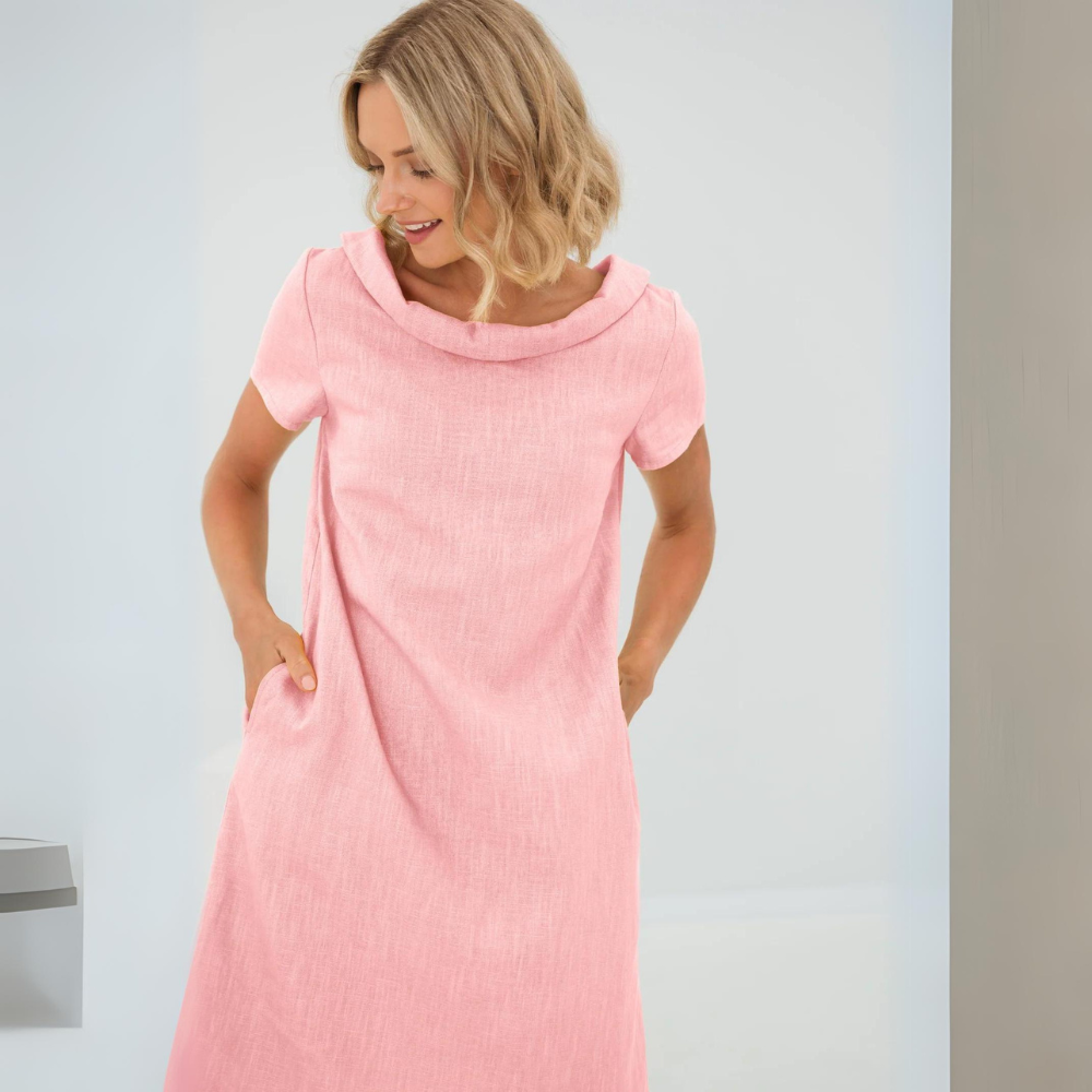 Women's Short Sleeve Midi Dress with Pockets — Elegant Summer Dress for Garden Parties & Daywear | Koossa