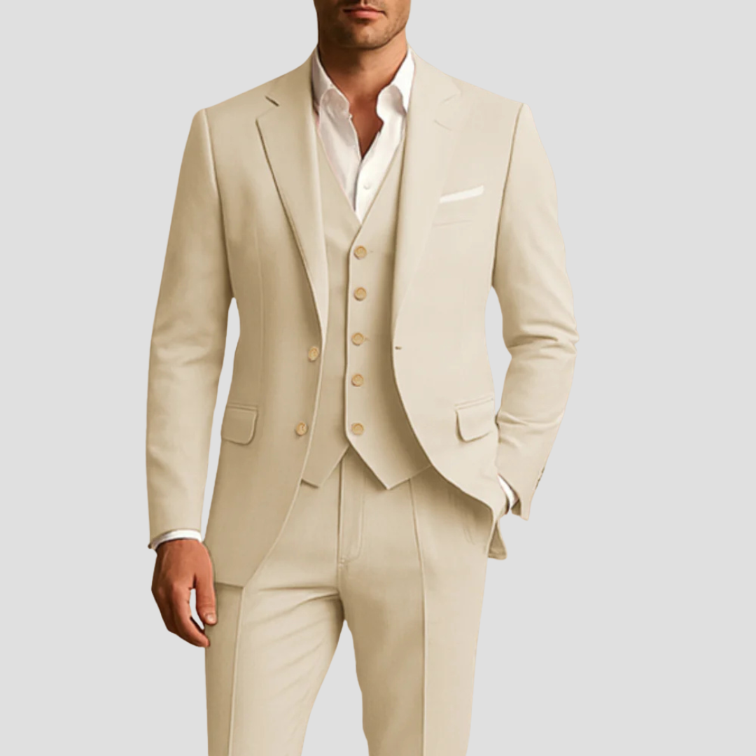 Three-Piece Tailored Suit | Single-Breasted Blazer, Waistcoat & Trousers | Formal & Wedding Attire for Gentlemen | Classic Slim Silhouette in Six Elegant Shades | Koossa