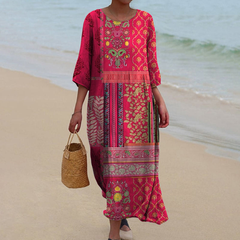 Round Neck Vintage Print Midi Dress in Pink with Relaxed Bohemian Silhouette | Koossa