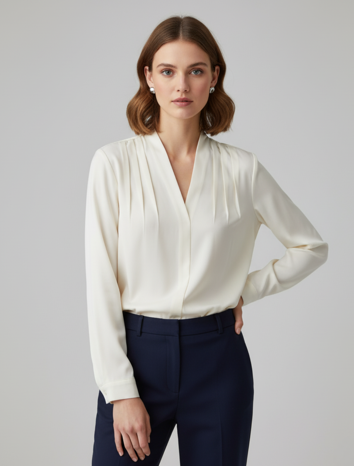 Women's Puff Sleeve Blouse with Tailored Waist in Ivory and Navy Blue for Work and Occasions | Koossa