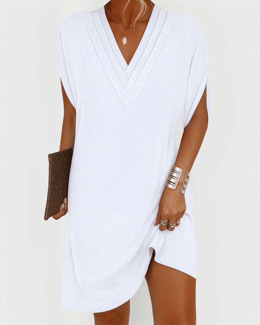 Women's Relaxed V-Neck Mini Dress in Soft Drape Fabric for Effortless Day-to-Evening Wear | Koossa