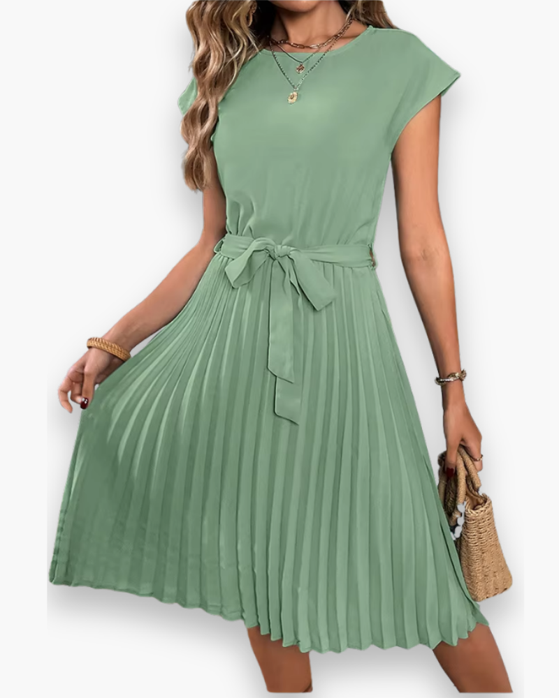 Women's Pleated Midi Dress with Bow Detail — Elegant Occasion Dress for Weddings & Special Events | Koossa