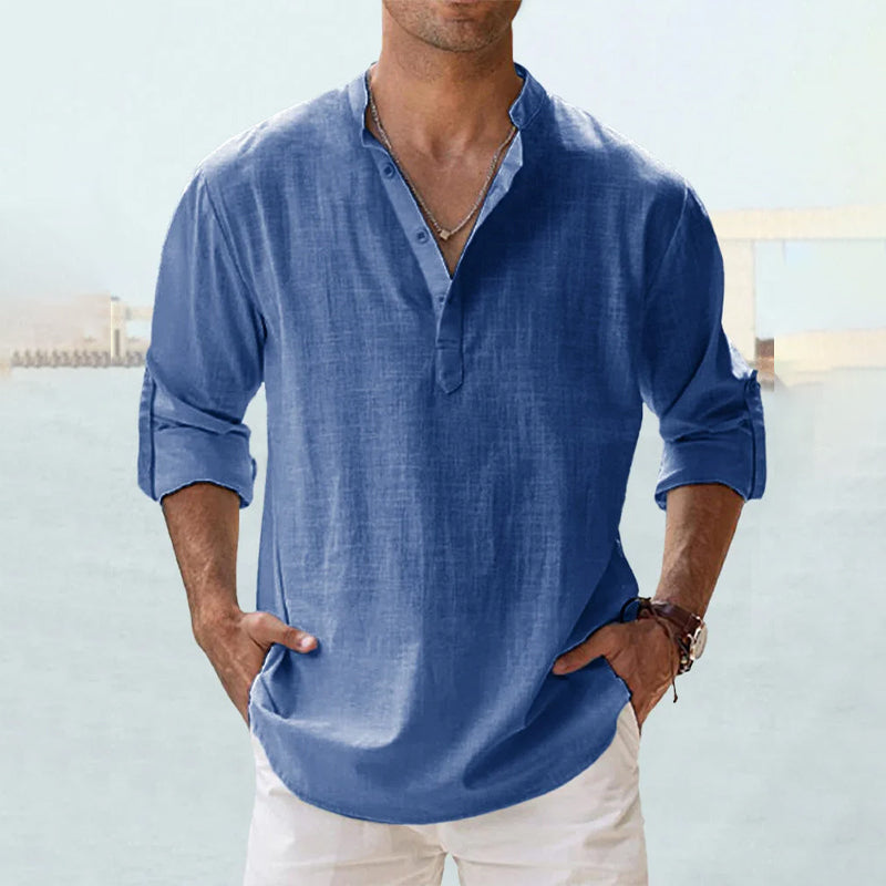 Men's Long Sleeve Grandad Collar Shirt in Washed Cotton | Classic Henley Button Placket Casual Relaxed Fit Heritage Style Timeless Weekend Shirt | Koossa