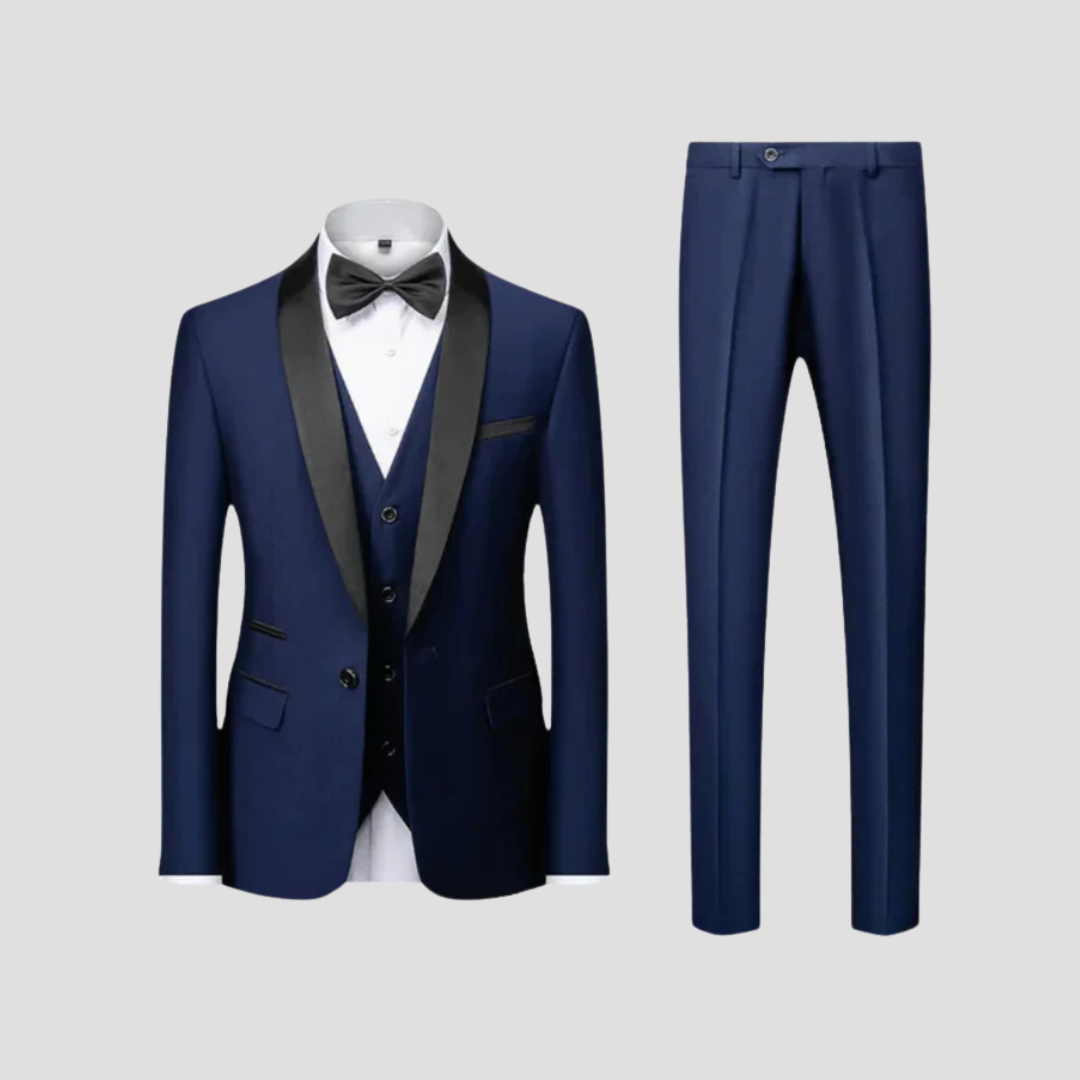 Three-Piece Formal Suit Tailored Fit Single-Button Jacket Waistcoat Contrast Lapels Evening Wedding Occasion Menswear | Koossa