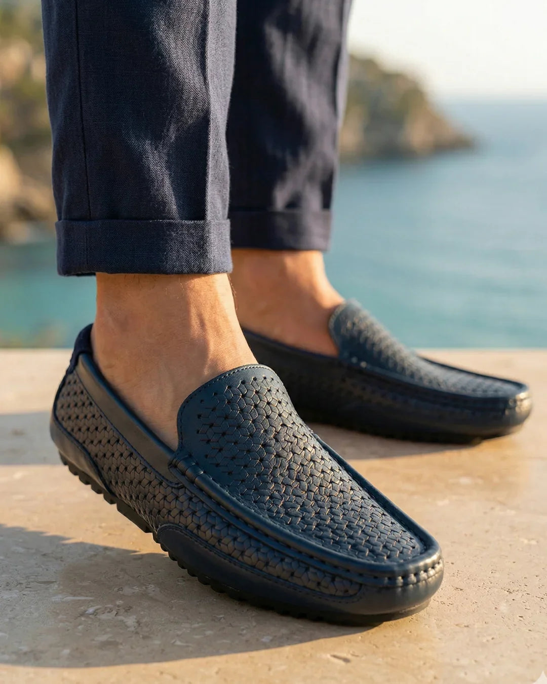 Men's Handwoven Leather Slip-On Loafers – Cushioned Insole, Flexible Rubber Sole, Casual Dress Shoes for Everyday Comfort | Lonoma
