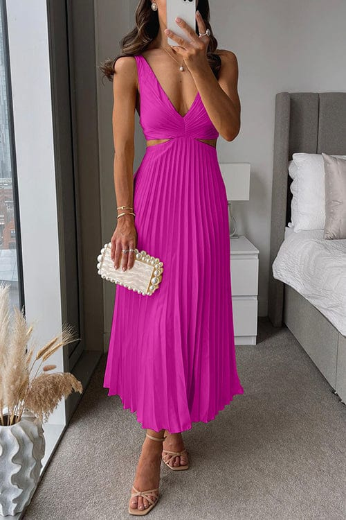 Pleated Midi Dress with Cut-Out Waist and V-Neckline in Yellow, Red, Pink, Black, Green, Orange for Evening Occasions | Koossa