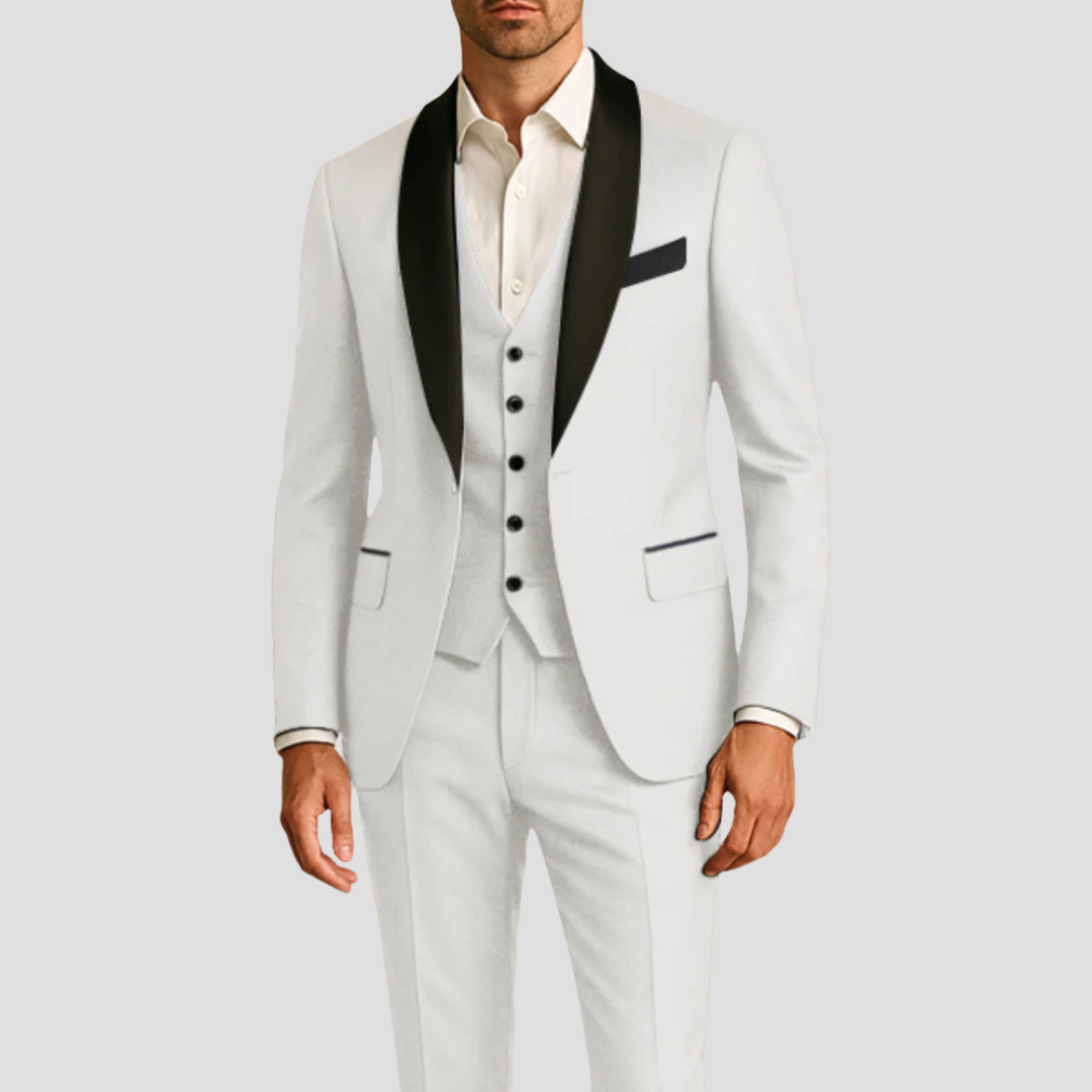 Three-Piece Formal Suit Tailored Fit Single-Button Jacket Waistcoat Contrast Lapels Evening Wedding Occasion Menswear | Koossa