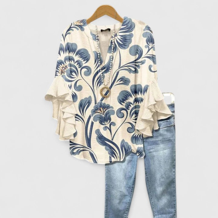 Women's Layered Ruffle Sleeve Blouse in Floral Print | Flowing Fit Feminine Top | Koossa
