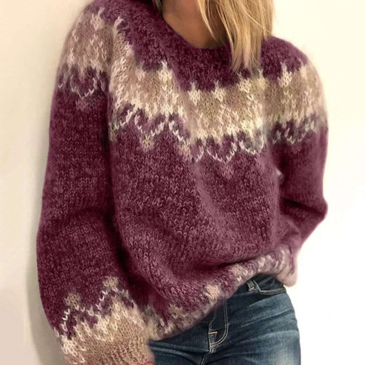 Nordic Pattern Crew Neck Sweater for Winter – Geometric Yoke Knit Pullover with Ribbed Cuffs for Men and Women | Lonoma