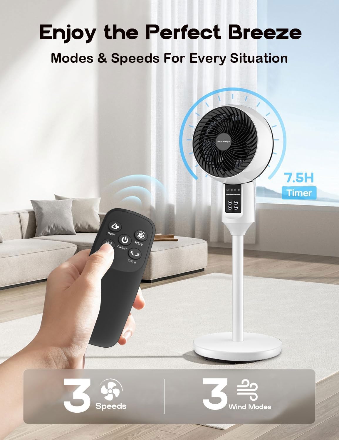 Ventilateur sur pied silencieux oscillation 3D télécommande hauteur réglable 3 vitesses timer climatisation | Koossa