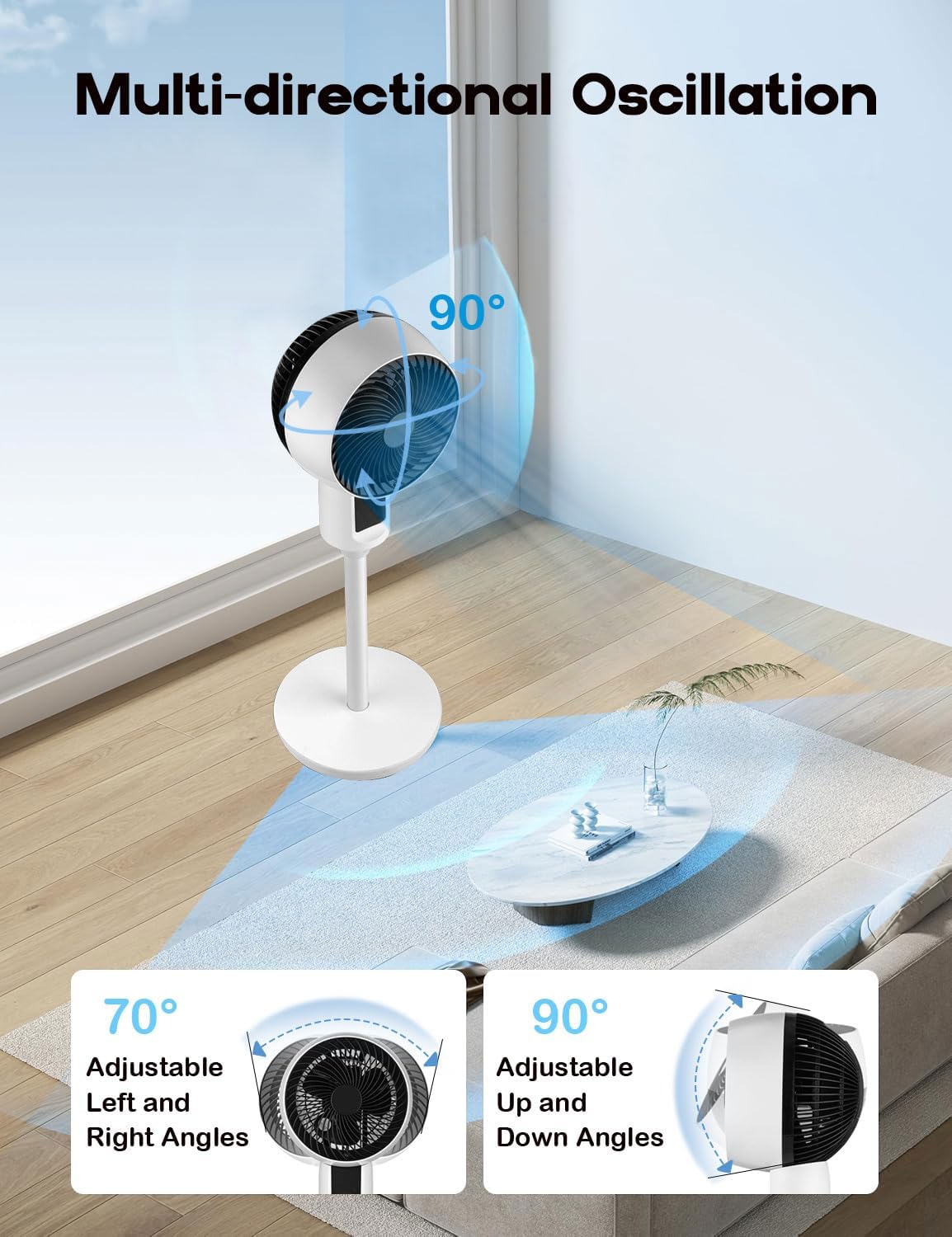 Ventilateur sur pied silencieux oscillation 3D télécommande hauteur réglable 3 vitesses timer climatisation | Koossa