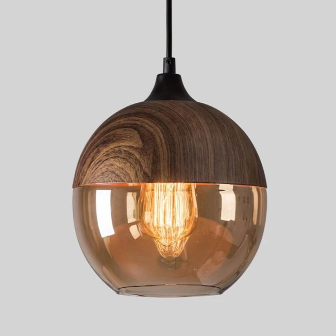 Suspension en Verre Teinté et Métal Effet Bois – Éclairage Ambiance Scandinave Douce pour Salon et Salle à Manger | Koossa