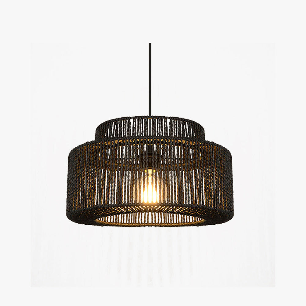 Hand-Woven Rattan Drum Pendant Light Black Metal Farmhouse Ceiling Fixture E27 Hanging Lamp for Dining Room Kitchen Island Bedroom | Lonoma