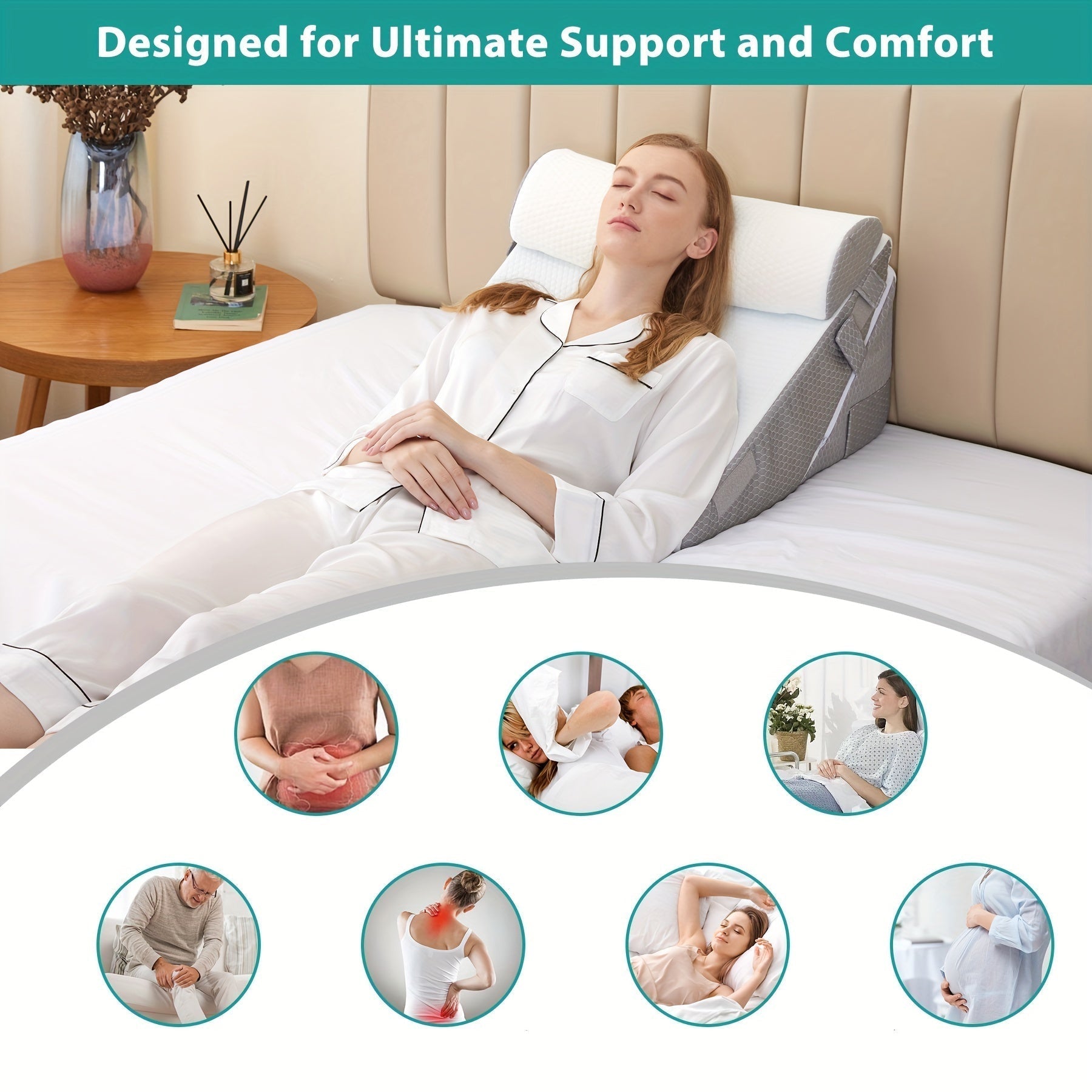 Coussin triangulaire ergonomique à mémoire de forme pour soutien dos jambes genoux position surélevée confort | Koossa