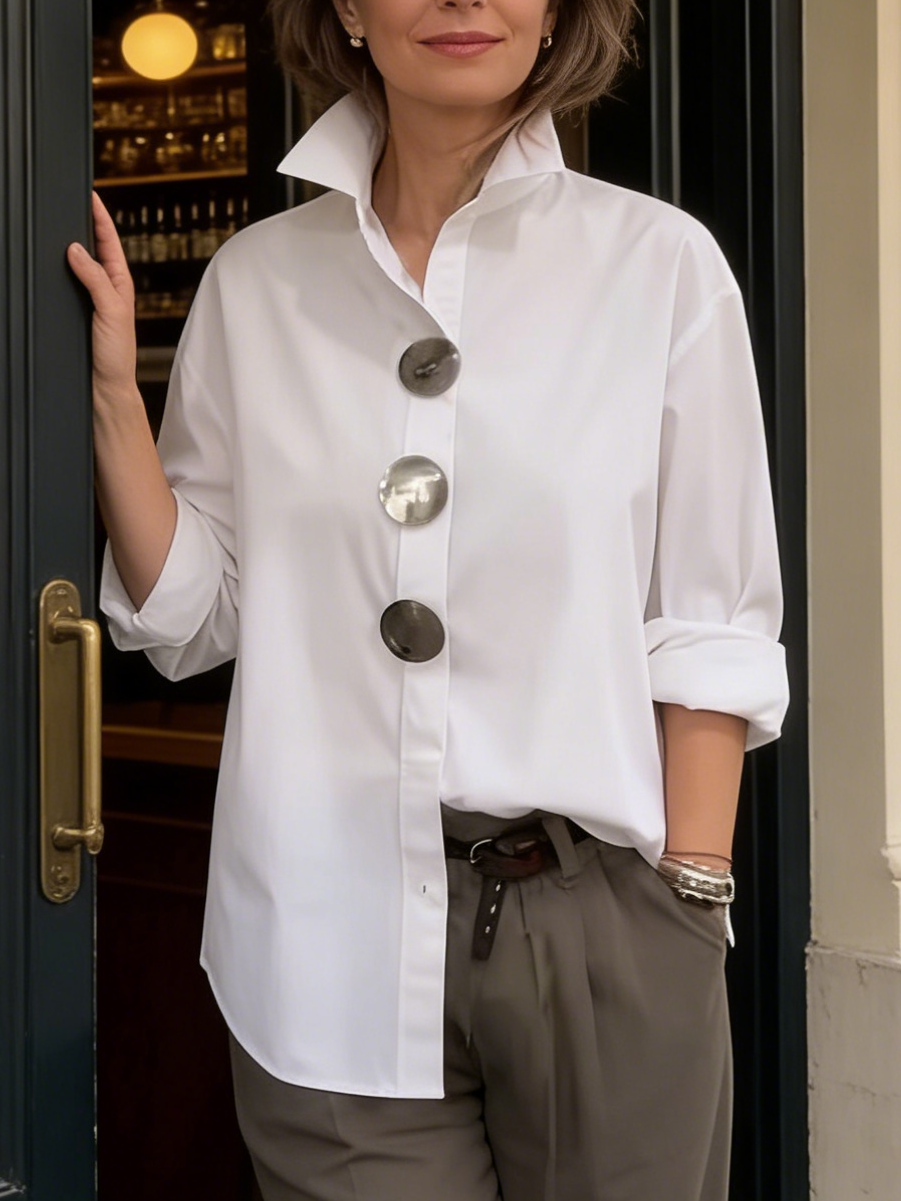 Women's Stand Collar Blouse with Statement Buttons in Green, Blue, Black, White, Burgundy & Pink | Relaxed Fit Long Sleeve Shirt with Roll-Back Cuffs | Elegant Everyday Blouse for Work & Weekend | Koossa