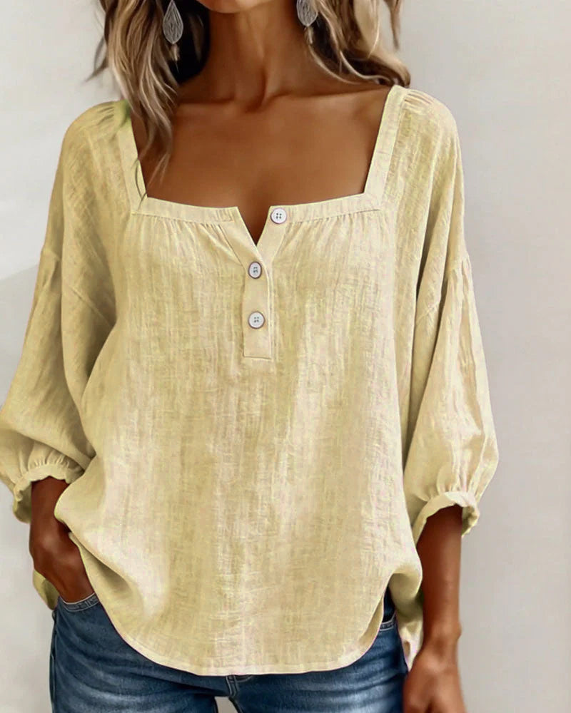 Women's Square Neck Puff Sleeve Blouse in Cotton Blend – Classic Feminine Wardrobe Essential for Every Season | Koossa
